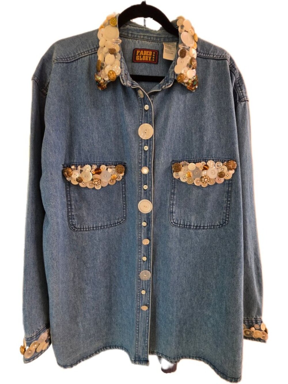 OOAK Western Glam Embellished Denim Shirt XL Rhinestone Cowgirl Country Festival